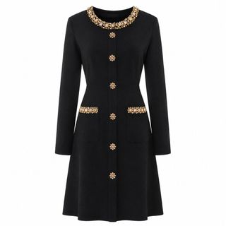 A138 Đầm Dệt Kim Cổ Tròn Đính Đá Tay Dài Dáng Chữ A Thanh Lịch Công Sở Size S M L XL