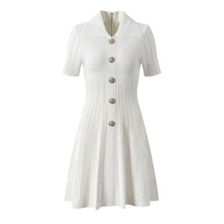D150 Đầm Dệt Kim Polo Chữ A Nữ Tay Ngắn Khóa Kéo Eo Chiết Tôn Dáng Thanh Lịch Hàn Quốc Size XS S M L XL