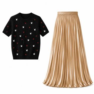 ELVIA Set Áo Dệt Kim Thêu Hoa Hồng Và Chân Váy Xếp Ly Satin Cạp Cao Thanh Lịch Freesize
