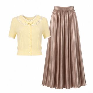 ELVIA Set Áo Dệt Kim Phối Nơ & Chân Váy Satin Xếp Ly Dài Cạp Cao Thanh Lịch - Áo Freesize | Váy Freesize
