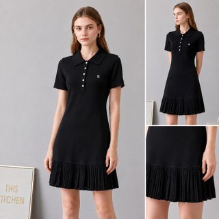 Noble Muse Đầm Polo Dệt Kim Xếp Ly Dáng Ôm Cao Cấp Màu Đen | Đầm Nữ Thanh Lịch Golf Tennis | Size S M L