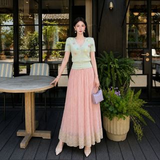 NPA Maison Set Áo Cardigan Dệt Kim Hoa Nổi 3D & Chân Váy Dài Thanh Lịch Màu Xanh Bạc Hà – Size S/M/L