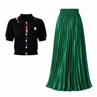 ORVIA Set Áo Dệt Kim Cổ Polo Màu Đen & Chân Váy Satin Xếp Ly Dài Cạp Cao Thanh Lịch - Áo Size S M L | Váy Freesize