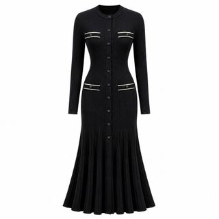 D155 Đầm Dệt Kim Công Sở Nữ Dài Qua Gối Cổ Bèo Cài Cúc Phong Cách Hàn Quốc S M L XL