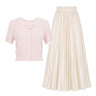 ORVIA Set Áo Dệt Kim Phối Nơ & Chân Váy Satin Xếp Ly Dài Cạp Cao Thanh Lịch - Áo Freesize | Váy Freesize