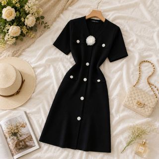 Noble Muse Đầm Len Hoa Cổ V Chữ A Thanh Lịch Cao Cấp – Size S M L XL