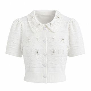 ALVIA Áo Len Cardigan Nữ Cổ Búp Bê Phối Nơ Tay Bồng Cài Cúc Dáng Slim Hàn Quốc Freesize