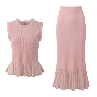 A101 Set Áo Dệt Kim Sát Nách Phối Ren & Chân Váy Dài Thanh Lịch Phong Cách Tiểu Thư - Size S M L XL