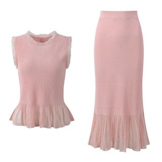 A101 Set Áo Dệt Kim Sát Nách Phối Ren & Chân Váy Dài Thanh Lịch Phong Cách Tiểu Thư - Size S M L XL