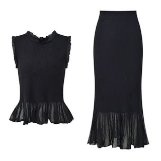 A101 Set Áo Dệt Kim Sát Nách Phối Ren & Chân Váy Dài Thanh Lịch Phong Cách Tiểu Thư - Size S M L XL