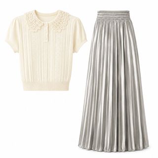 NOBLE MUSE Set Áo Dệt Kim Cổ Ren Tay Ngắn Phối Chân Váy Satin Xếp Ly Dài - Áo S-XL