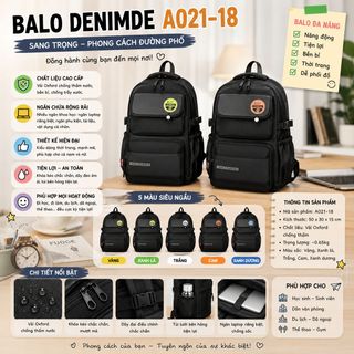 🎒 BALO DENIMDE A021-18 – Đen Sang, Dáng Street Style, Đi Học Đi Làm Đều Hợp