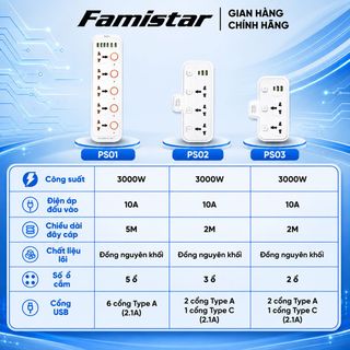 Ổ cắm điện FAMISTAR đa năng tích hợp cổng usb type C tiện lợi bền bỉ và chống giật an toàn, giá sỉ tốt, phân phối toàn quốc