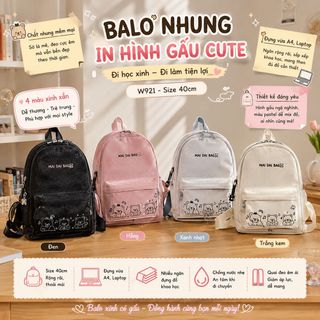 🧸 BALO NHUNG W921 – Hình Gấu Cute, Size 40 Rộng Rãi, Đựng Vừa A4 Và Laptop