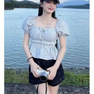 Áo Babydoll Kẻ Sọc Cổ Vuông Tay Phồng 3 màu (Đen - Trắng - Xanh) _ A18