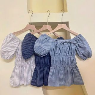 Áo Babydoll Kẻ Sọc Cổ Vuông Tay Phồng 3 màu (Đen - Trắng - Xanh) _ A18