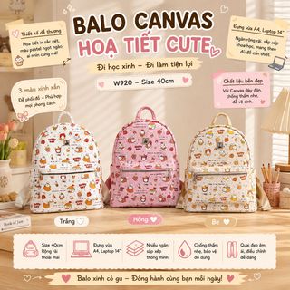 🎒 BALO Thời Trang W920 – Họa Tiết Cute, Size 40 Rộng Rãi, Đi Học Đi Làm Đều Hợp