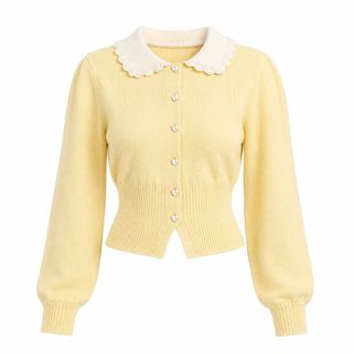 NPA Maison Áo Cardigan Len Nữ Cổ Búp Bê Phối Màu Dáng Ngắn Tay Dài Phong Cách Tiểu Thư Thanh Lịch Size S M L XL