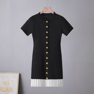 D189 Đầm Nữ Tiểu Thư Pháp Tay Ngắn Phối Màu, Cài Nút Thanh Lịch Size S–L