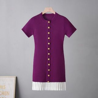 D189 Đầm Nữ Tiểu Thư Pháp Tay Ngắn Phối Màu, Cài Nút Thanh Lịch Size S–L