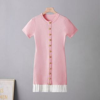 D189 Đầm Nữ Tiểu Thư Pháp Tay Ngắn Phối Màu, Cài Nút Thanh Lịch Size S–L