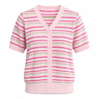 A193 Áo Len Dệt Kim Nữ Tay Ngắn Cổ V, Chất Lụa Băng Mỏng Thoáng Khí, Họa Tiết Sọc, Freesize