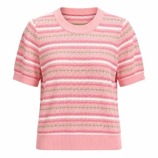 A193 Áo Len Dệt Kim Nữ Tay Ngắn Cổ V, Chất Lụa Băng Mỏng Thoáng Khí, Họa Tiết Sọc, Freesize