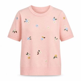 A192 Áo Thun Len Nữ Dệt Kim Sợi Lạnh Thêu Hoa Nổi, Tay Ngắn Cổ Tròn Form Rộng Freesize Mùa Hè