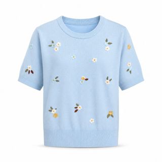 A192 Áo Thun Len Nữ Dệt Kim Sợi Lạnh Thêu Hoa Nổi, Tay Ngắn Cổ Tròn Form Rộng Freesize Mùa Hè