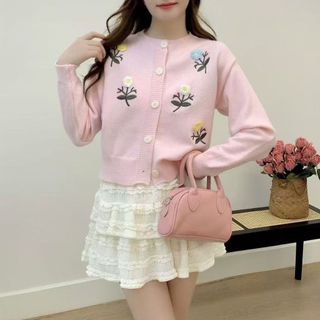 A191 Áo Cardigan Len Nữ Đính Hoa Nổi 3D Cổ Tròn Dài Tay Phong Cách Hàn Quốc Freesize