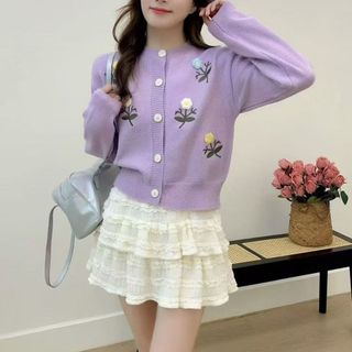 A191 Áo Cardigan Len Nữ Đính Hoa Nổi 3D Cổ Tròn Dài Tay Phong Cách Hàn Quốc Freesize