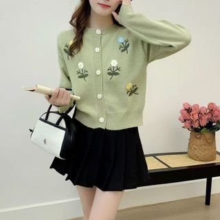A191 Áo Cardigan Len Nữ Đính Hoa Nổi 3D Cổ Tròn Dài Tay Phong Cách Hàn Quốc Freesize