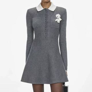 D186 Đầm Len Dệt Kim Nữ Ôm Dáng Đính Hoa 3D Cổ Bẻ Tay Dài Thanh Lịch Size S-XL