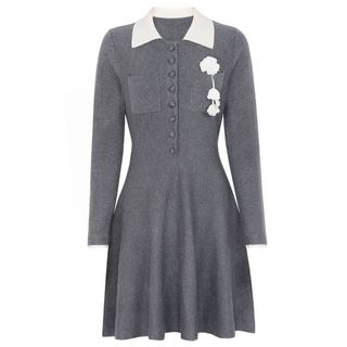 D186 Đầm Len Dệt Kim Nữ Ôm Dáng Đính Hoa 3D Cổ Bẻ Tay Dài Thanh Lịch Size S-XL
