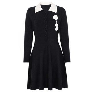 D186 Đầm Len Dệt Kim Nữ Ôm Dáng Đính Hoa 3D Cổ Bẻ Tay Dài Thanh Lịch Size S-XL