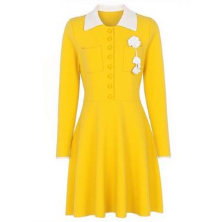 D186 Đầm Len Dệt Kim Nữ Ôm Dáng Đính Hoa 3D Cổ Bẻ Tay Dài Thanh Lịch Size S-XL