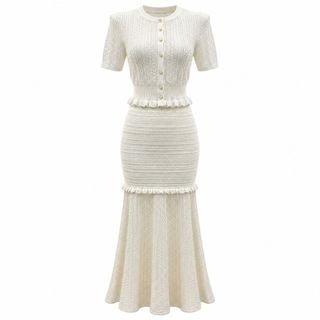S183 Set Cardigan Dệt Kim Nữ & Chân Váy Dài  Viền Bèo Nút Kim Loại Thanh Lịch Công Sở Size S-XL