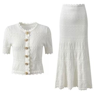 C182 Set Áo Cardigan Chân Váy Dệt Kim Nữ 266115 Màu Trắng Ngà Đính Đá Nút Kim Loại Thanh Lịch Size S-XL