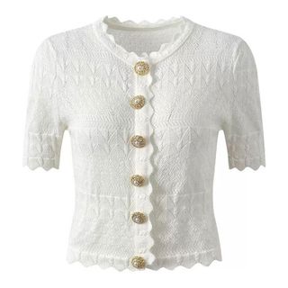 C182 Set Áo Cardigan Chân Váy Dệt Kim Nữ 266115 Màu Trắng Ngà Đính Đá Nút Kim Loại Thanh Lịch Size S-XL