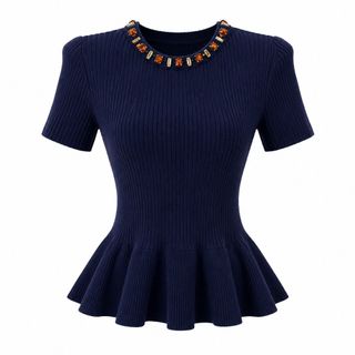 A181 Áo Dệt Kim Nữ Đính Đá Cổ Tròn Peplum 267184 – Màu Xanh Navy – Size S/M/L/XL