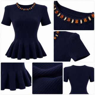A181 Áo Dệt Kim Nữ Đính Đá Cổ Tròn Peplum 267184 – Màu Xanh Navy – Size S/M/L/XL