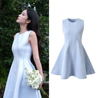 D180 Đầm Nữ  Cổ Tròn Sát Nách Thắt Nơ Sau Chiết Eo Tôn Dáng Thanh Lịch Size S M L