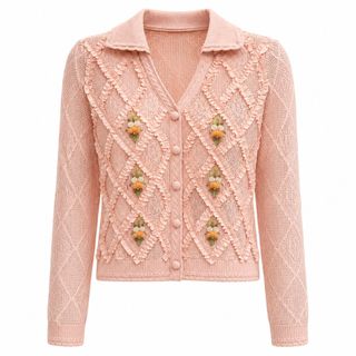 B176 Áo Cardigan Dệt Kim Nữ Cổ V Đính Hoa Hạt Ngọc Họa Tiết Quả Trám Tay Dài Ôm Dáng Thanh Lịch S M L