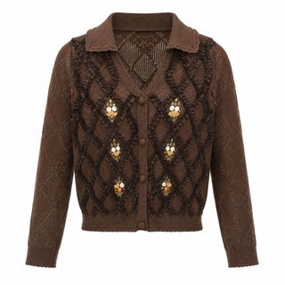 B176 Áo Cardigan Dệt Kim Nữ Cổ V Đính Hoa Hạt Ngọc Họa Tiết Quả Trám Tay Dài Ôm Dáng Thanh Lịch S M L