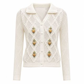 B176 Áo Cardigan Dệt Kim Nữ Cổ V Đính Hoa Hạt Ngọc Họa Tiết Quả Trám Tay Dài Ôm Dáng Thanh Lịch S M L