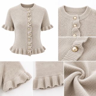 B179 Áo Cardigan Dệt Kim Nữ Cổ Tròn Tay Ngắn Viền Bèo Nút Kim Loại Vintage Màu Camel Size S M L
