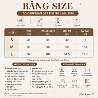 B179 Áo Cardigan Dệt Kim Nữ Cổ Tròn Tay Ngắn Viền Bèo Nút Kim Loại Vintage Màu Camel Size S M L