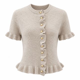 B179 Áo Cardigan Dệt Kim Nữ Cổ Tròn Tay Ngắn Viền Bèo Nút Kim Loại Vintage Màu Camel Size S M L