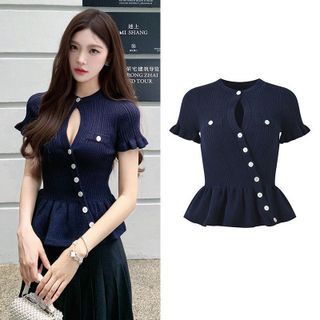 A175 Áo Len Dệt Kim Nữ Cổ Tròn Cài Nút Lệch 258001 Dáng Ngắn Ôm Eo Phối Gấu Bèo Thanh Lịch S M L