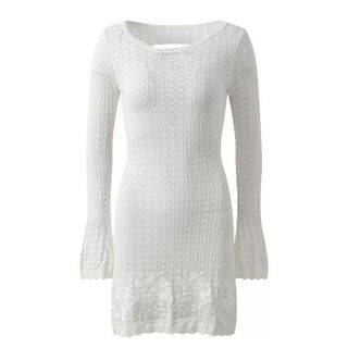 D174 Đầm Len Dệt Kim Nữ Tay Loe Hở Lưng Buộc Dây Thêu Móc Dáng A Eo Cao Thanh Lịch Màu Trắng X M L XL